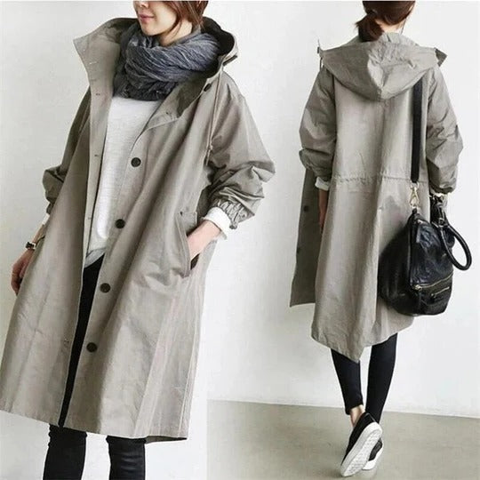 Women's Oversized Hooded Trench Coat with Button Closure