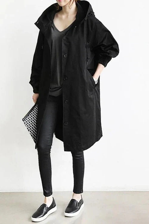 Women's Oversized Hooded Trench Coat with Button Closure