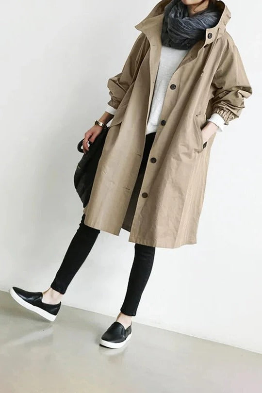 Women's Oversized Hooded Trench Coat with Button Closure