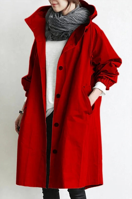 Women's Oversized Hooded Trench Coat with Button Closure