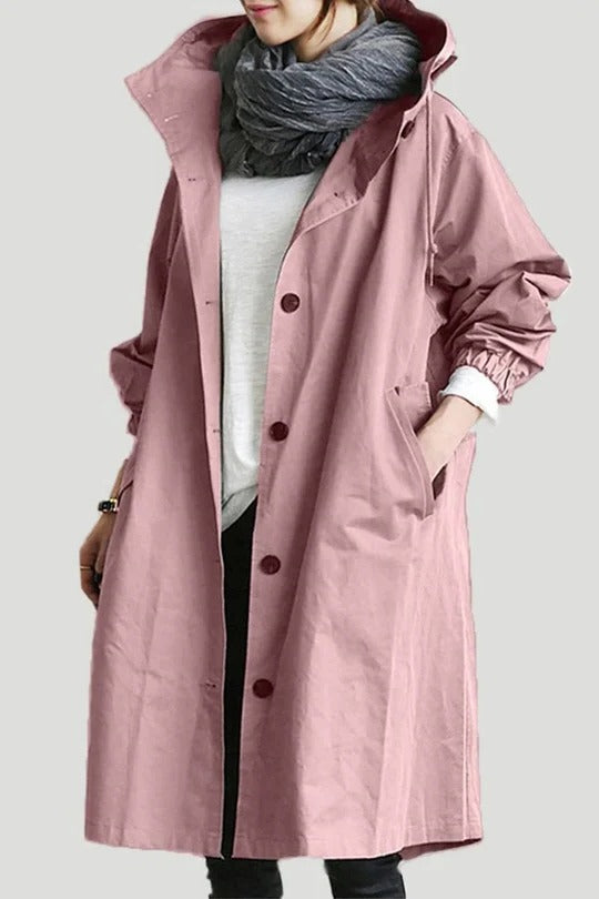 Women's Oversized Hooded Trench Coat with Button Closure
