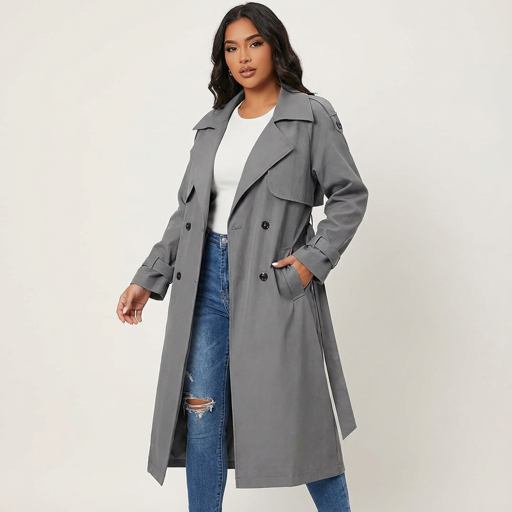 Ladies' Trench Coat Long Fit Classic Button Front Casual Formal