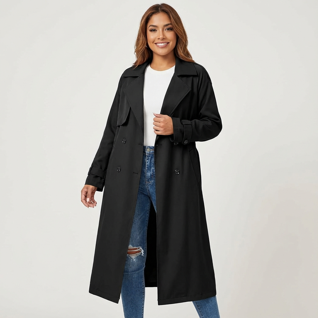 Ladies' Trench Coat Long Fit Classic Button Front Casual Formal