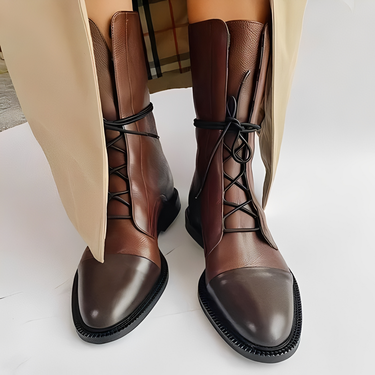 Women's Round Toe Lace-Up Boots with Toe Cap