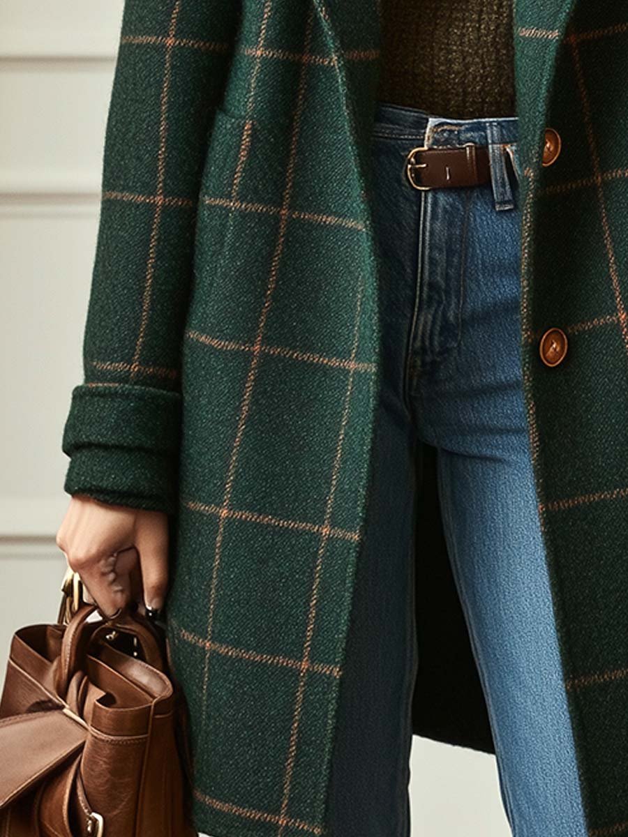 Women's Checkered Winter Coat with Notched Collar