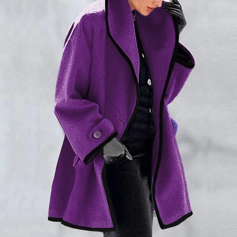 Women's Oversized Winter Coat with Wide Lapels and Button Fastening
