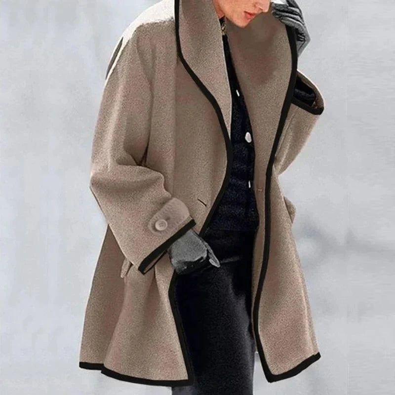 Women's Oversized Winter Coat with Wide Lapels and Button Fastening