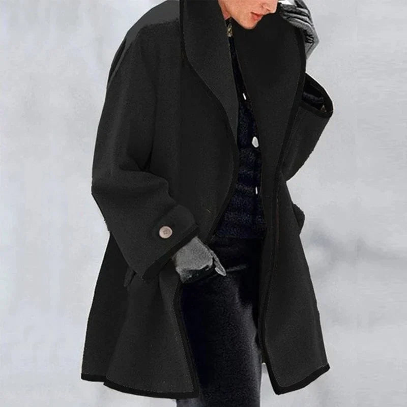Women's Oversized Winter Coat with Wide Lapels and Button Fastening