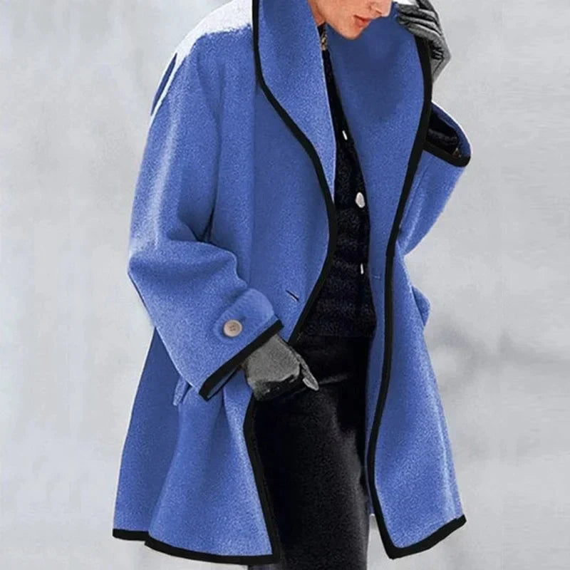 Women's Oversized Winter Coat with Wide Lapels and Button Fastening