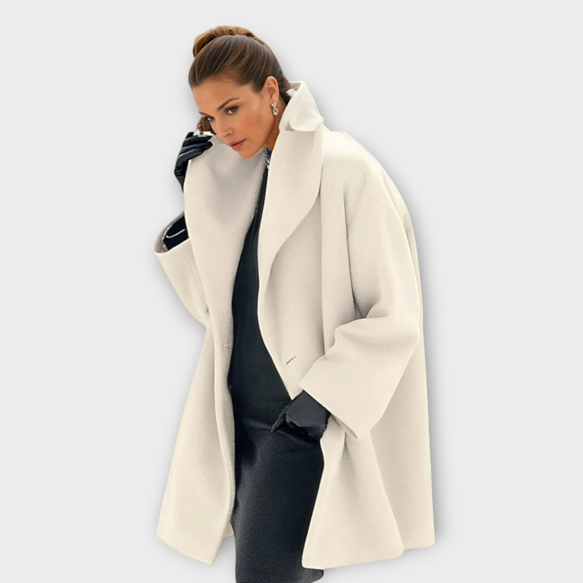 Women's Oversized Winter Coat with Wide Lapels and Button Fastening