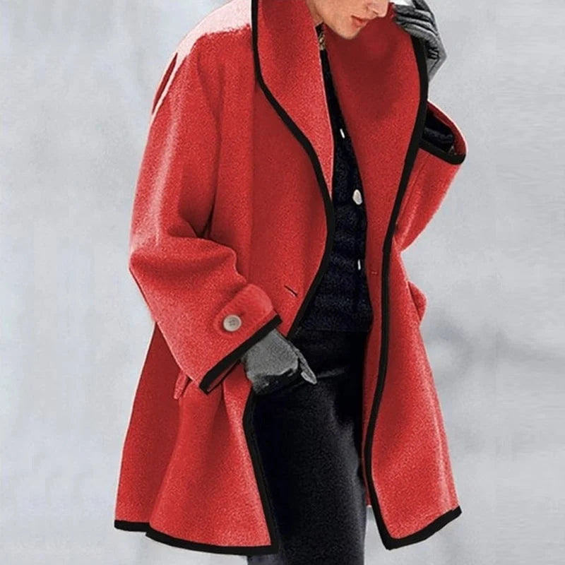 Women's Oversized Winter Coat with Wide Lapels and Button Fastening