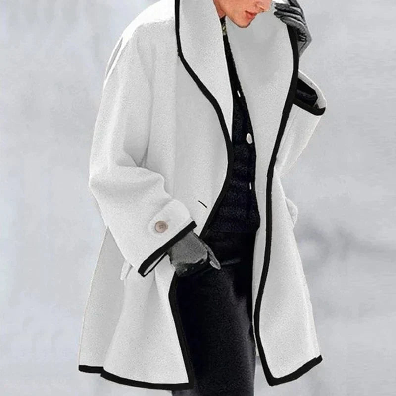 Women's Oversized Winter Coat with Wide Lapels and Button Fastening