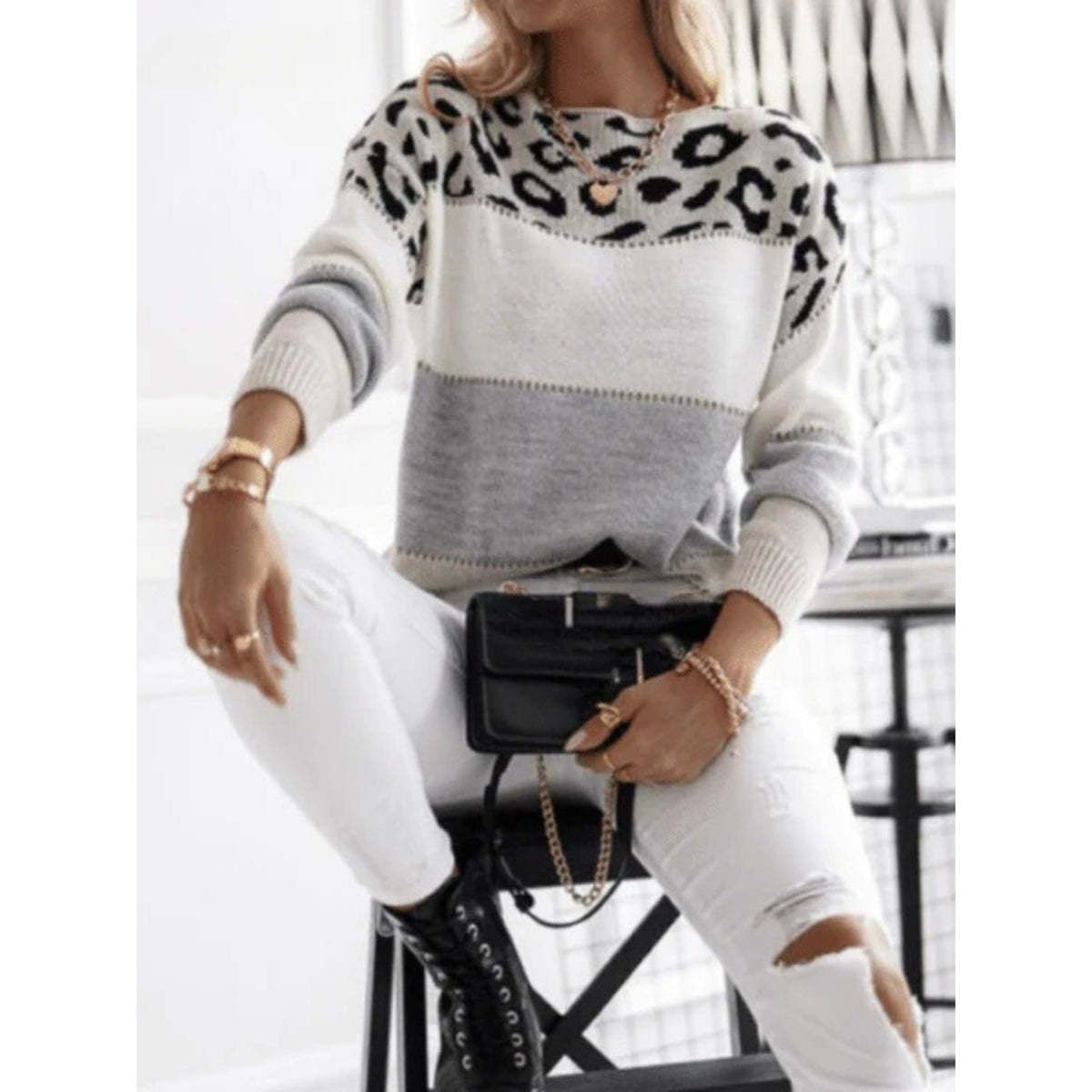 Ladies Soft Knitted Sweater with Leopard Print and Colour Block