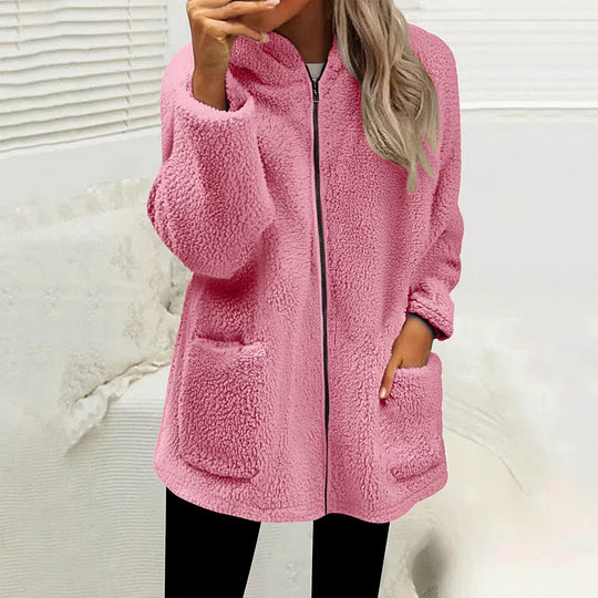 High Collar Women's Fleece Jacket with Zip-Up Closure and Pockets