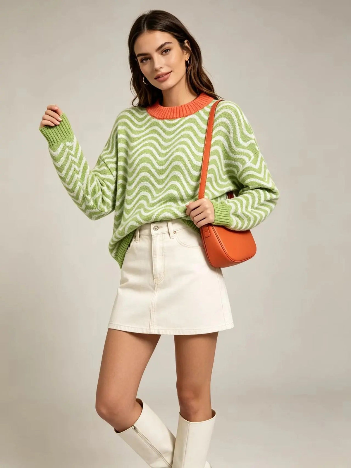 Women's Loose Knit Jumper with Wave Pattern