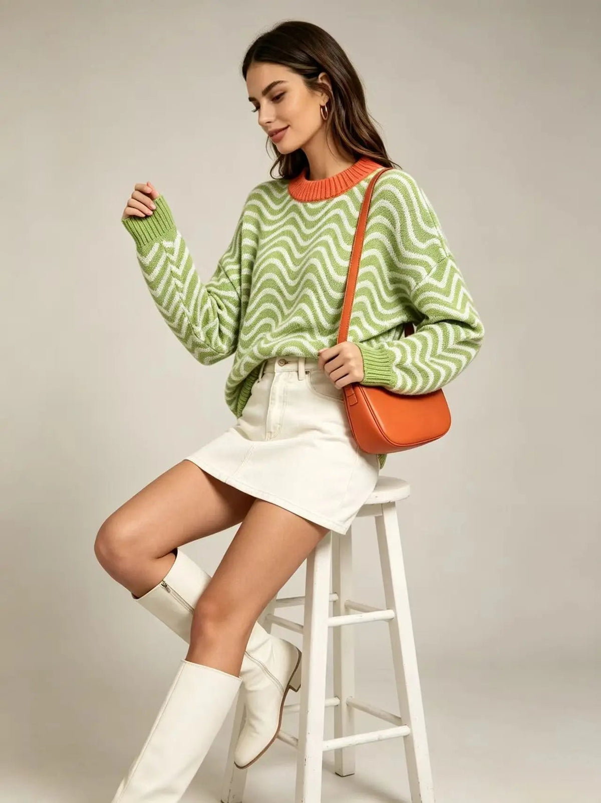 Women's Loose Knit Jumper with Wave Pattern
