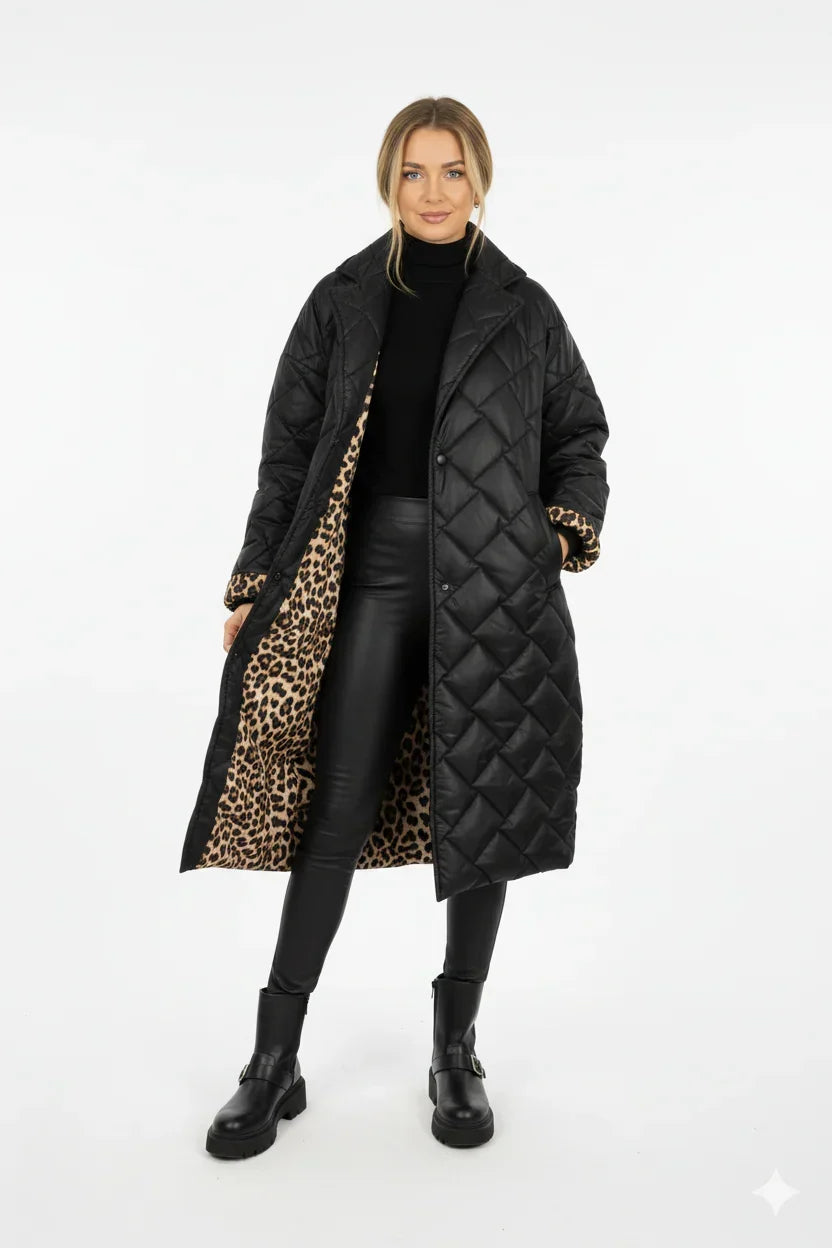 Long Padded Coat for Women Reversible with Leopard Print