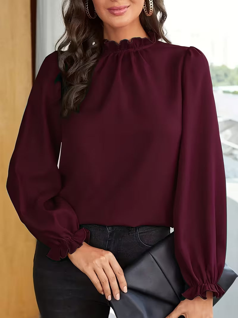 Women's Ruffled Collar Blouse with Puff Sleeves and Loose Fit Cuffs