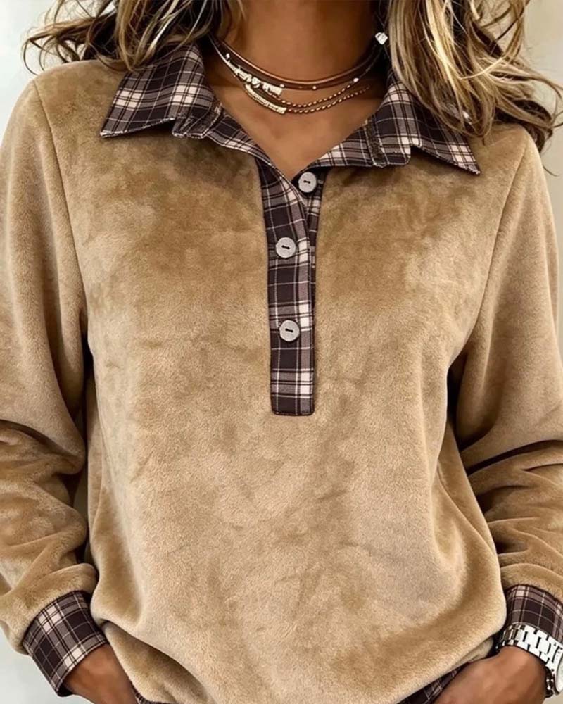 Plaid Patchwork Sweatshirt with Lapel Button Detail