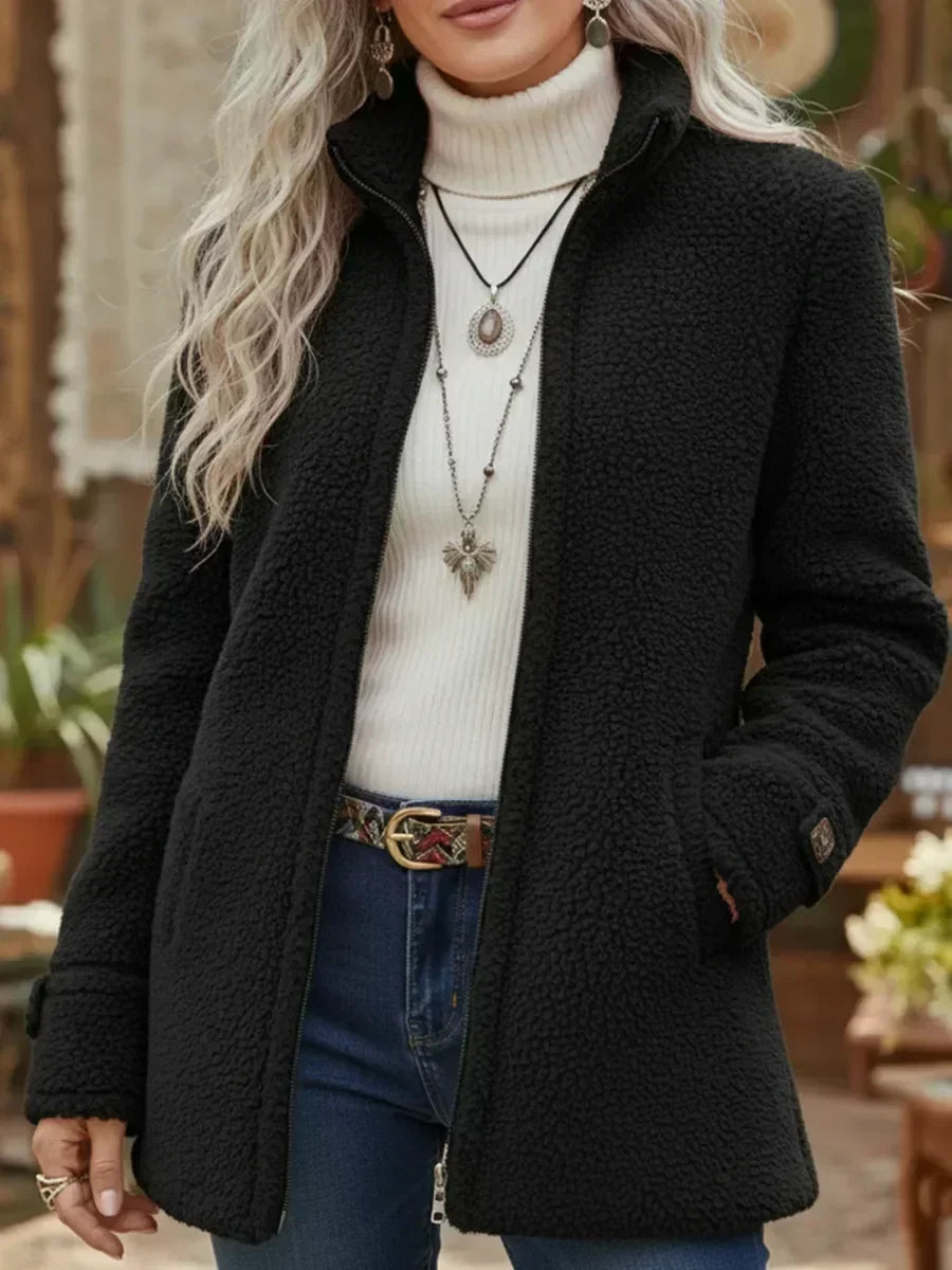 Women's Fluffy Teddy Jacket with Stand-Up Collar | Cozy & Warm