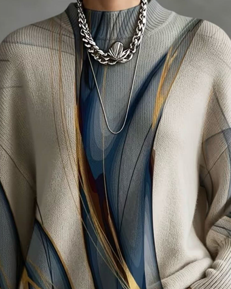 Loose Pullover with High Collar and Lantern Sleeves