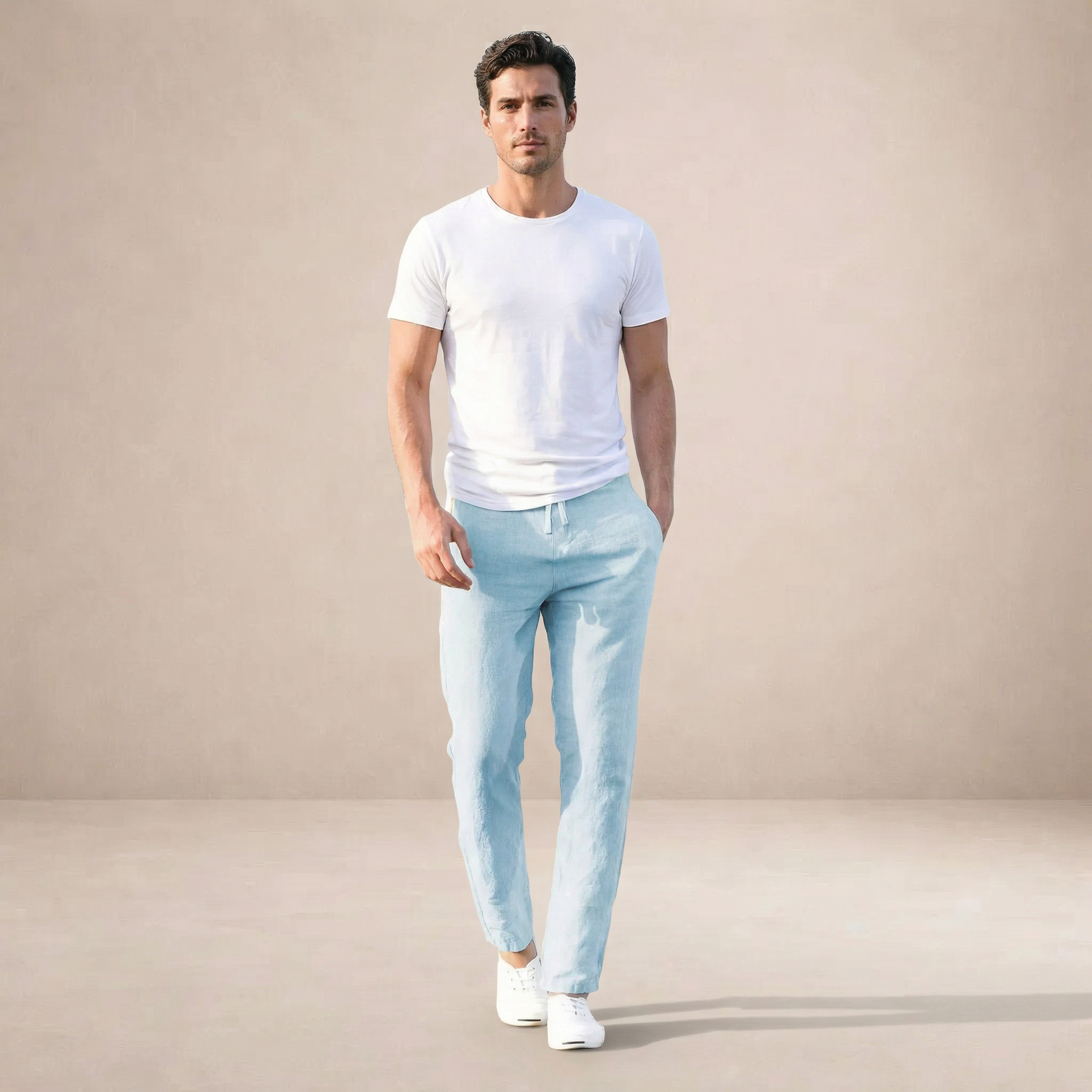 Linen Summer Trousers Men Regular Fit Breathable Material Elastic Waist