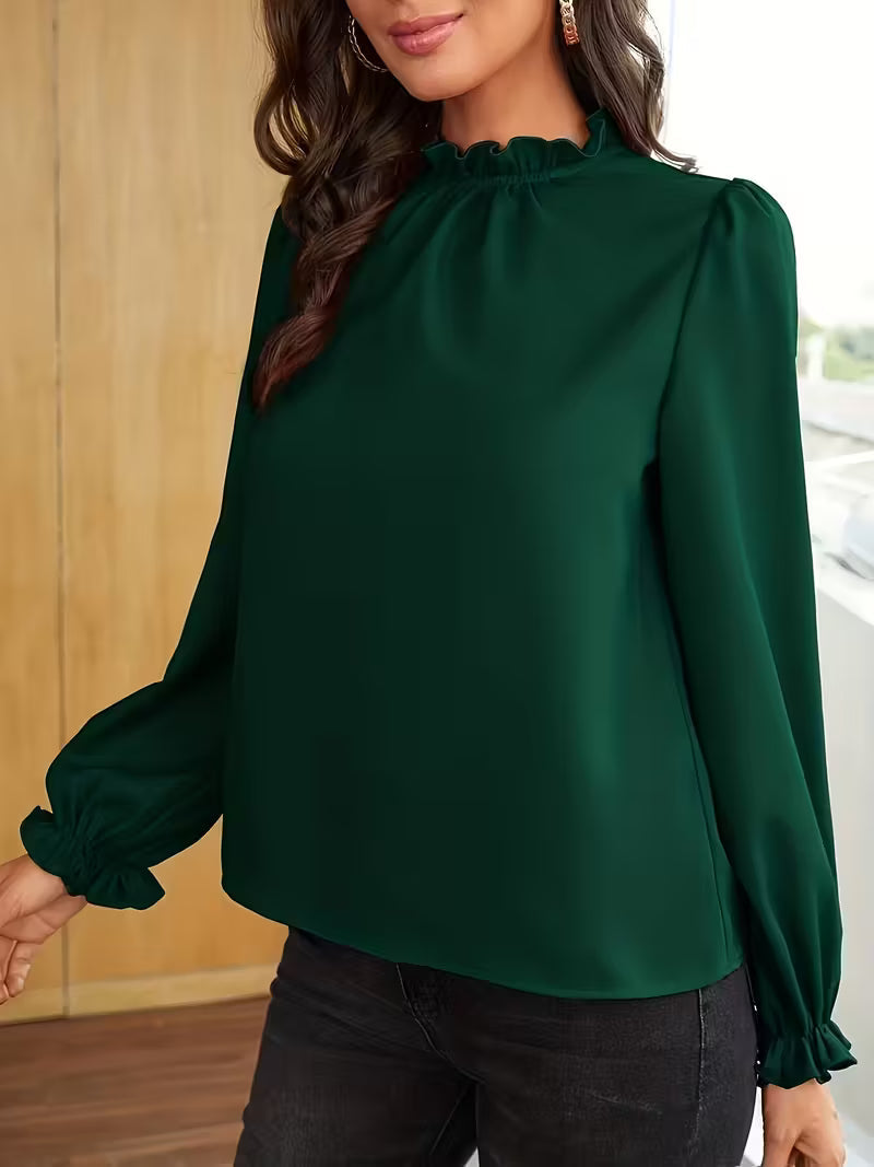 Women's Ruffled Collar Blouse with Puff Sleeves and Loose Fit Cuffs