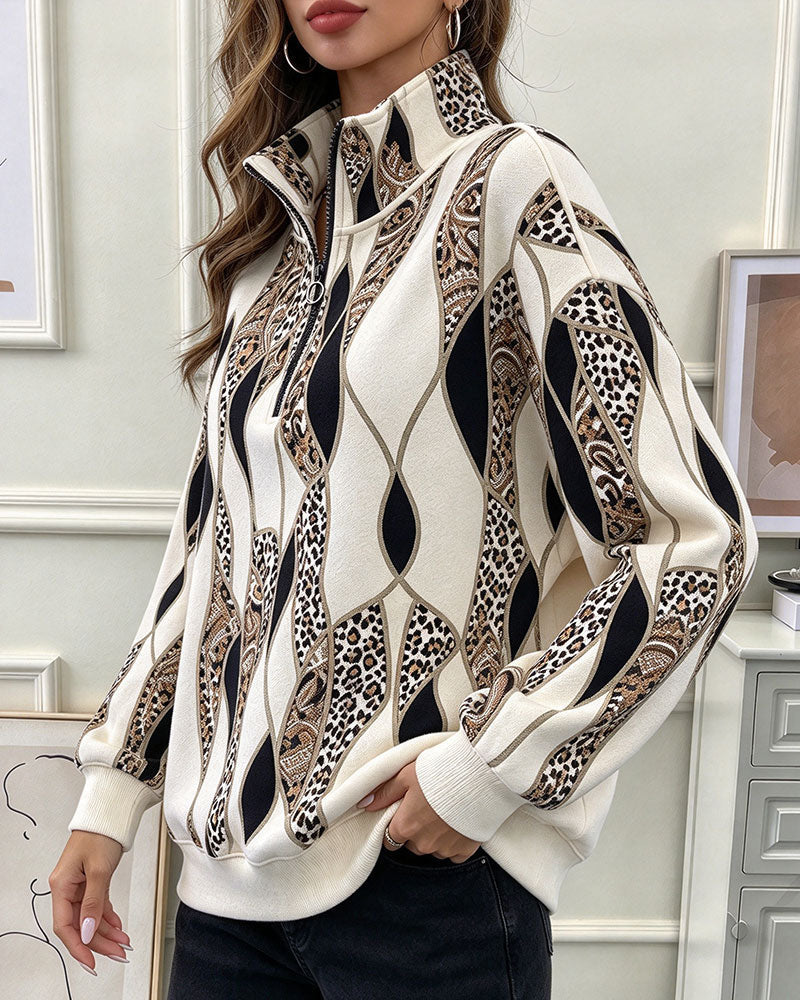 Geometric Paisley Half-Zip Sweatshirt with Stand Collar