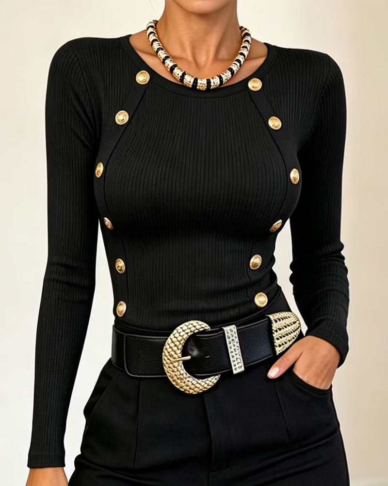 Tailored Long Sleeve Top with Button Details