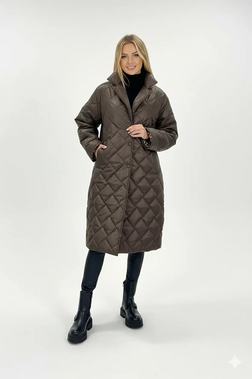 Long Padded Coat for Women Reversible with Leopard Print