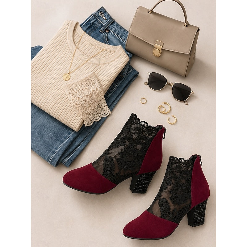 Helena | Floral Lace Ankle Boots with Block Heel
