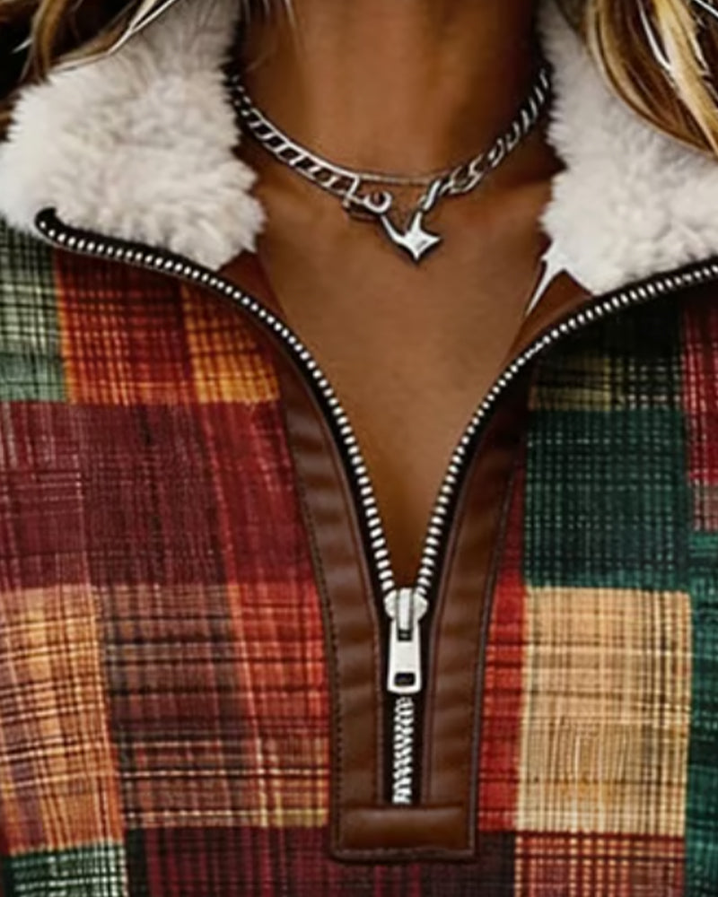 Plaid Contrast Sweatshirt with Lapel Zipper