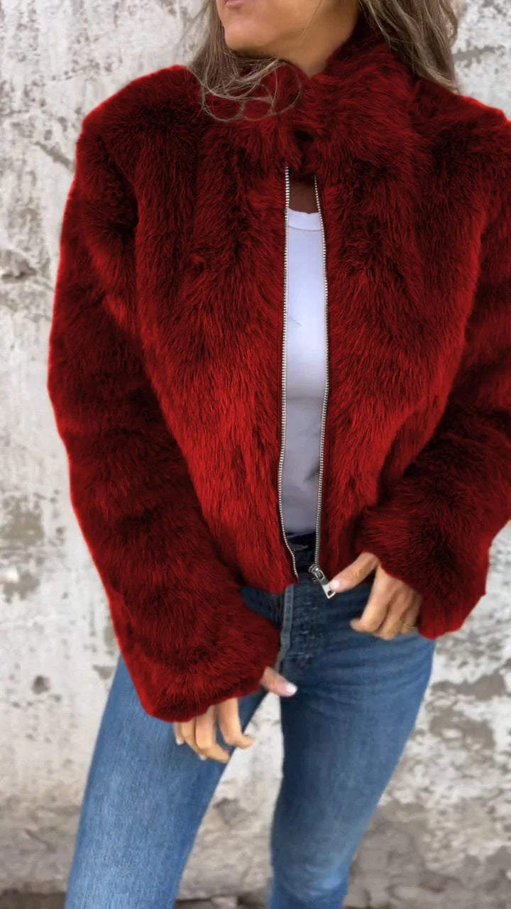 Emma | Women's Soft and Warm Faux Fur Jacket with High Collar and Zip
