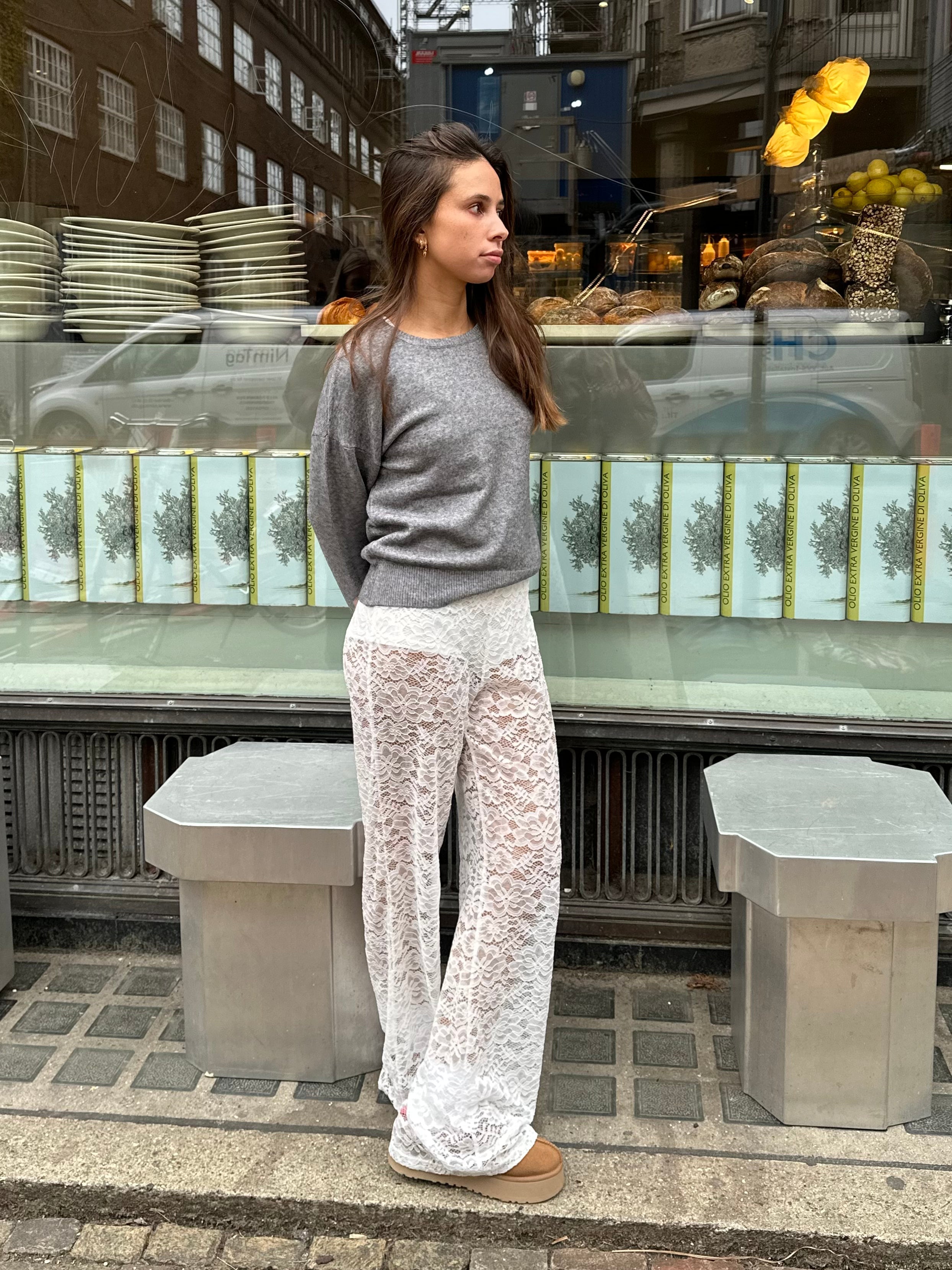 Flared Trousers for Women with Lace Floral Pattern and Elastic Waist