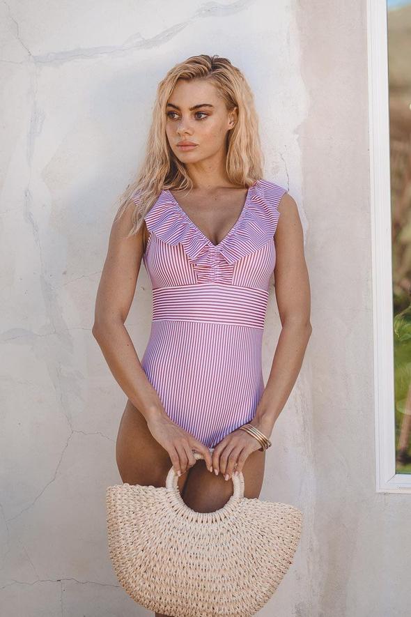Striped Swimsuit with V-Neck and Ruffles for Women