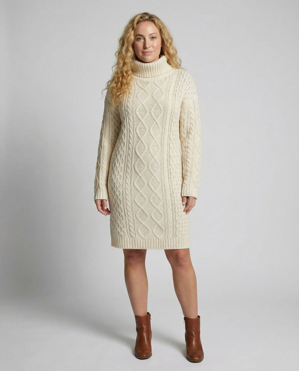 Women's Long Sleeve Midi Knit Dress with Round Neck and Ribbed Cuffs