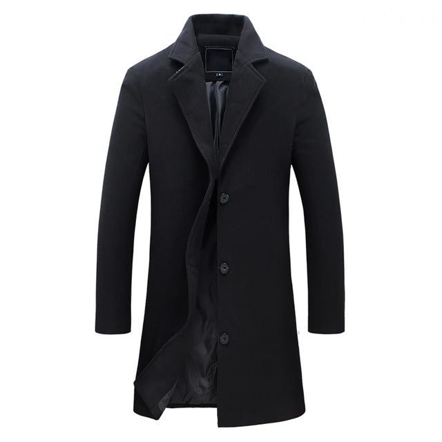 Men's Tailored Long Coat with Notched Lapel