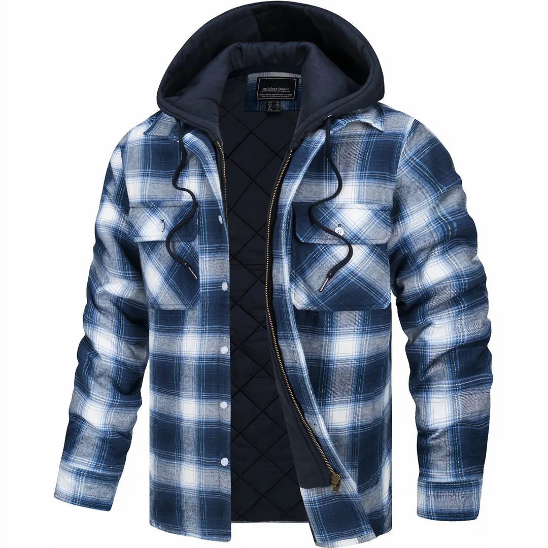 Checked Flannel Shirt Jacket with Hood for Men