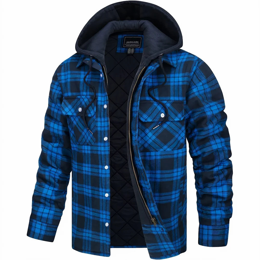 Checked Flannel Shirt Jacket with Hood for Men