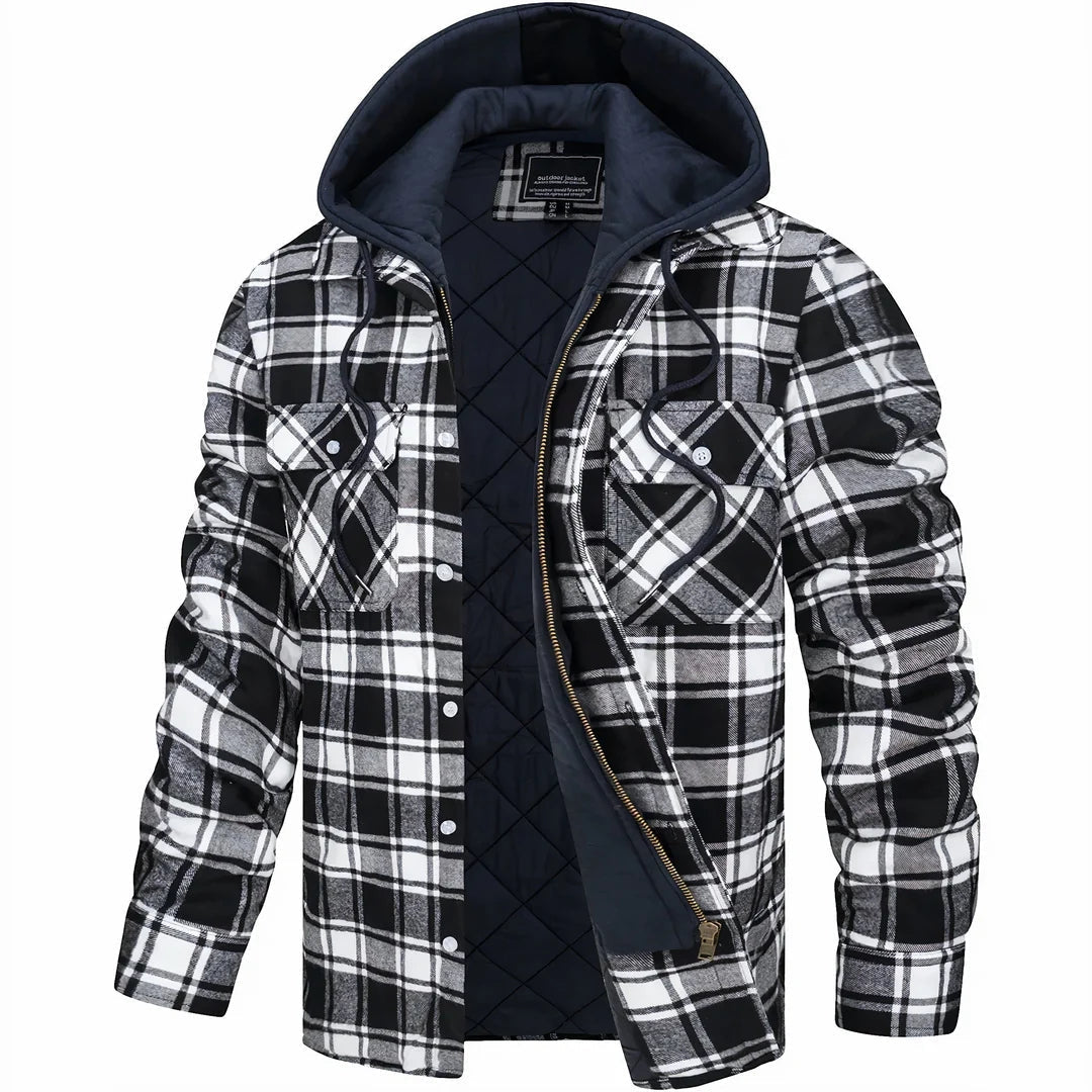 Checked Flannel Shirt Jacket with Hood for Men