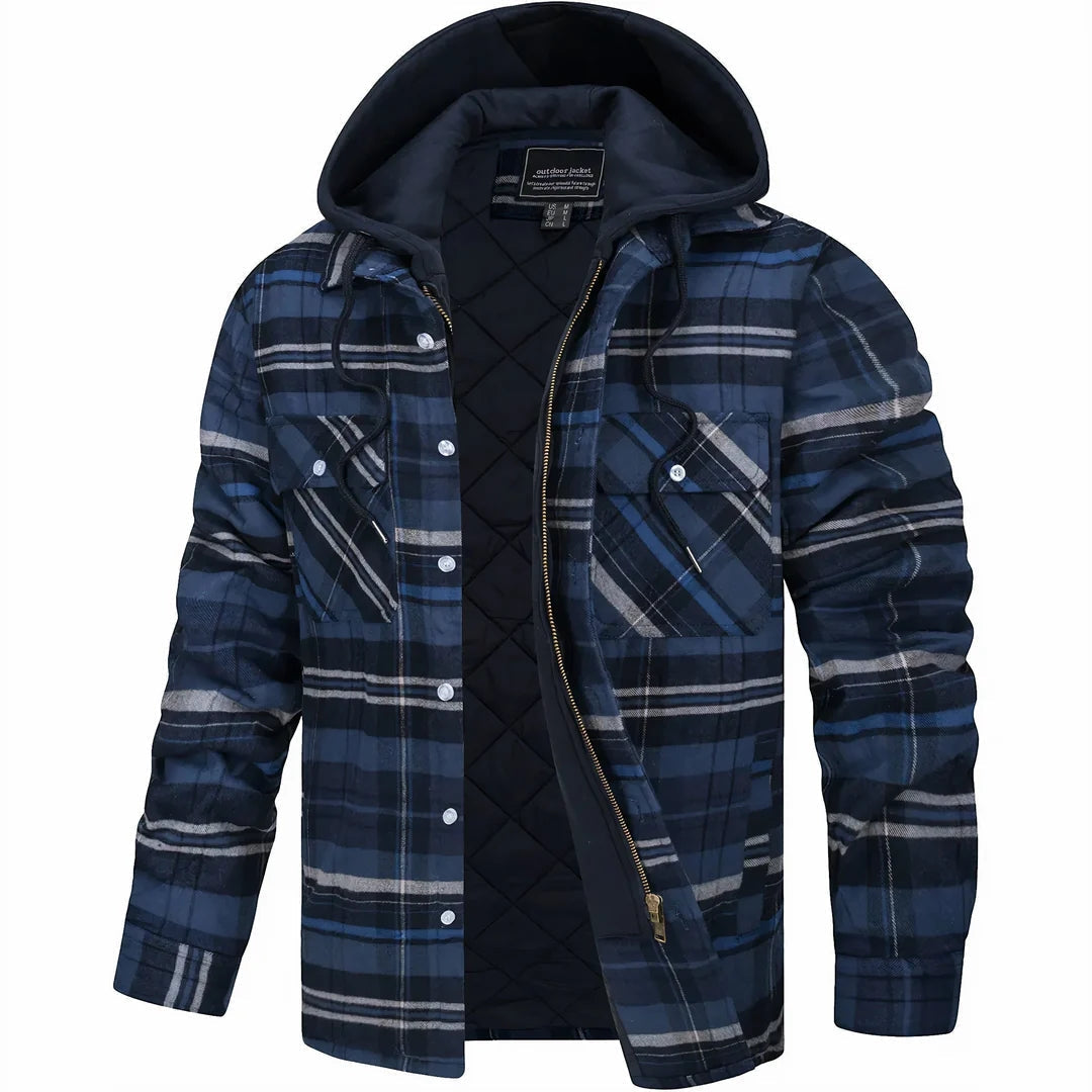 Checked Flannel Shirt Jacket with Hood for Men