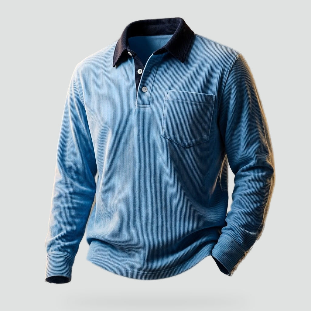 Men's Breathable Corduroy Polo with Long Sleeves and Chest Pocket