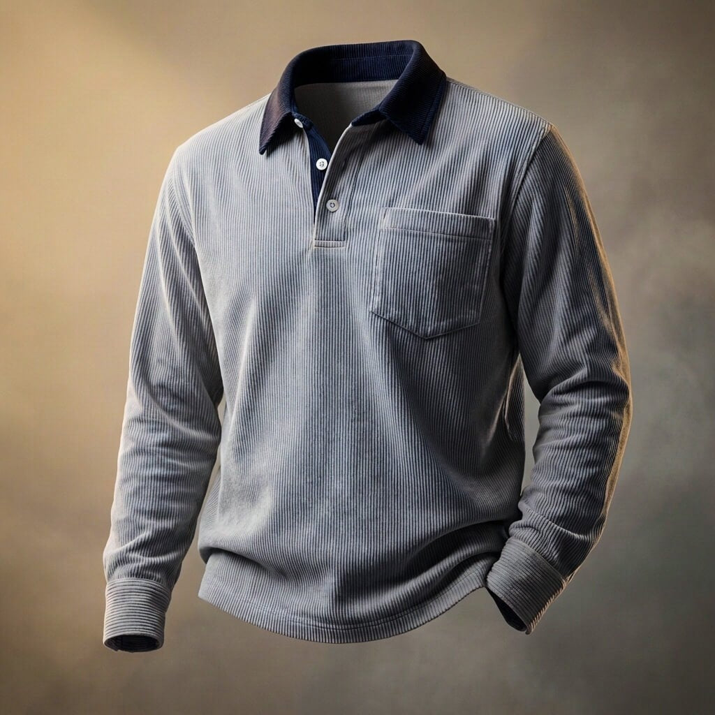 Men's Breathable Corduroy Polo with Long Sleeves and Chest Pocket