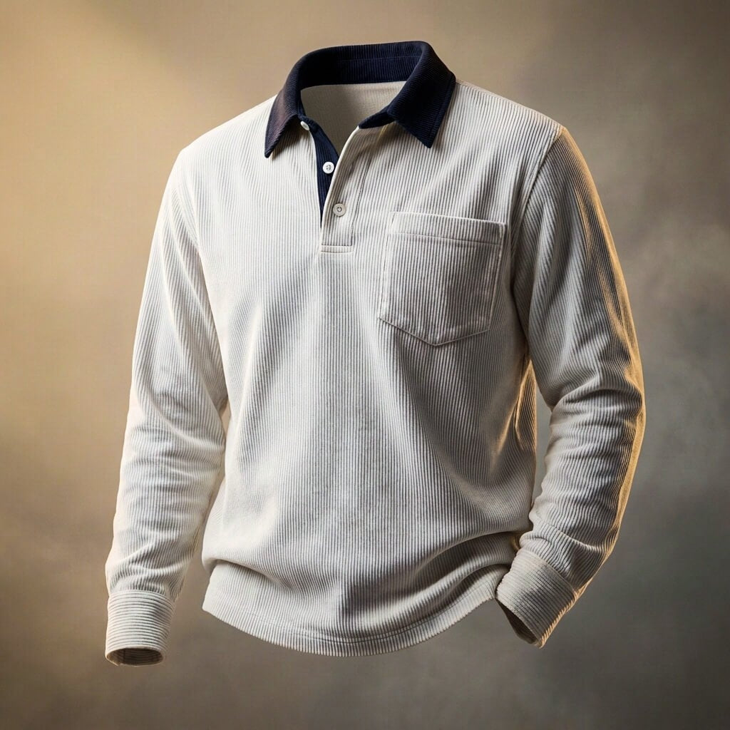 Men's Breathable Corduroy Polo with Long Sleeves and Chest Pocket
