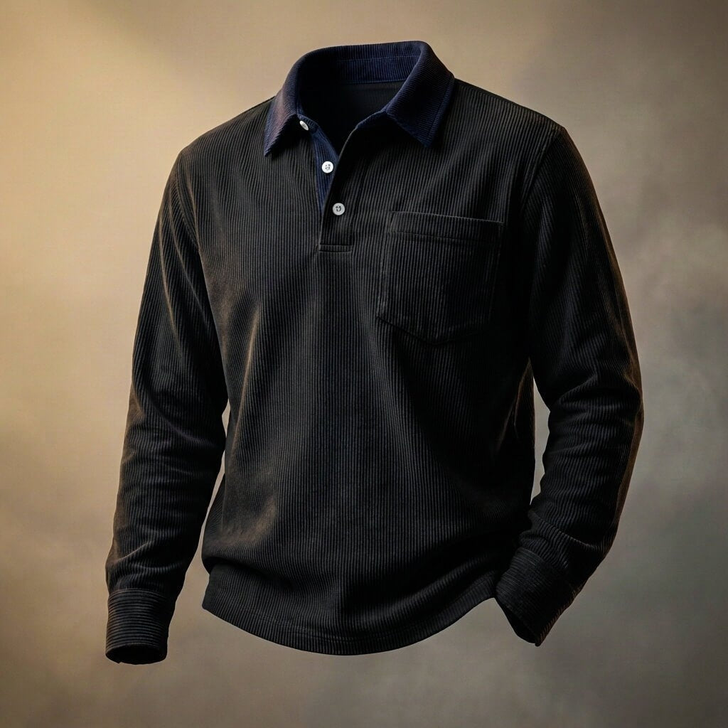 Men's Breathable Corduroy Polo with Long Sleeves and Chest Pocket