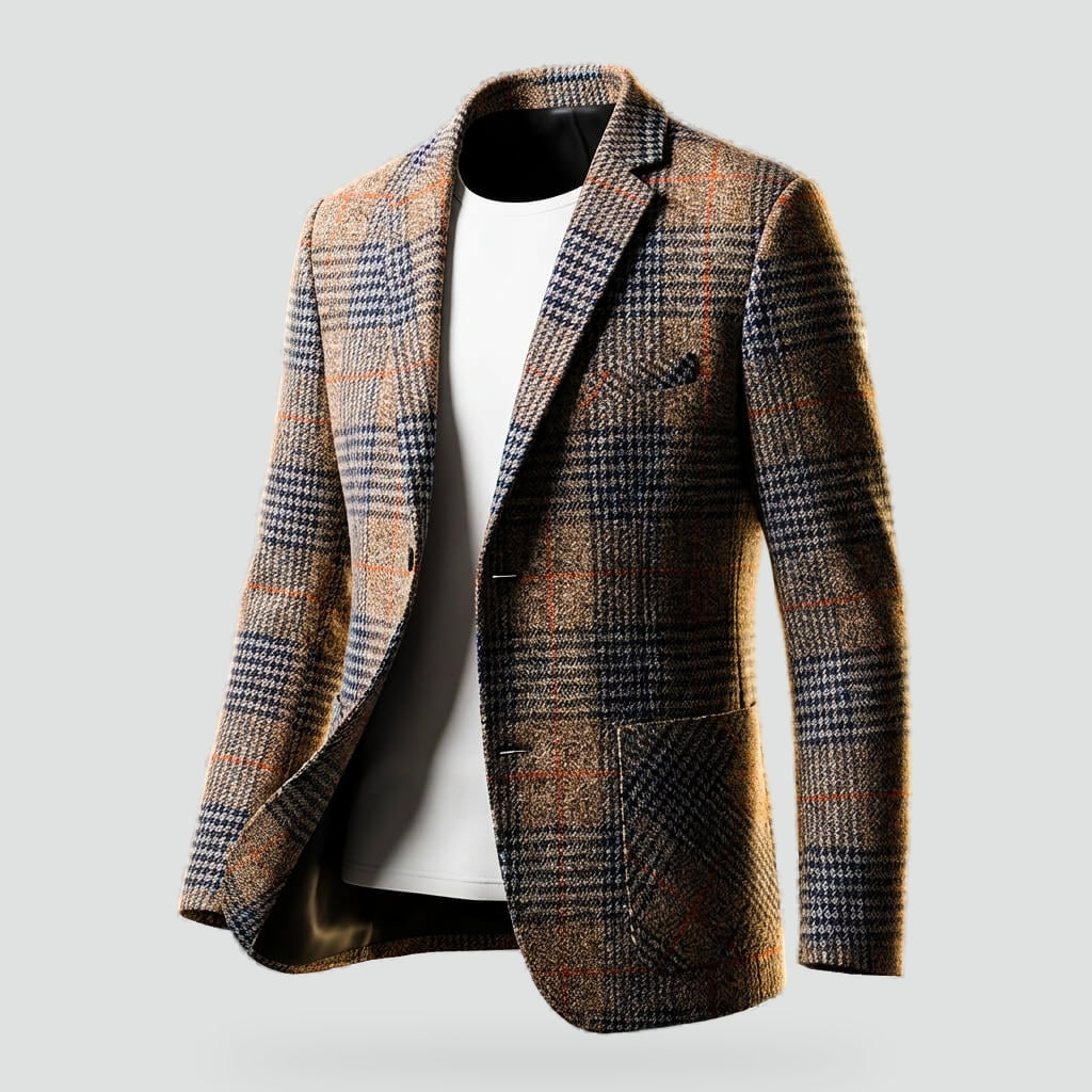 Men's Breathable Wool Blazer with Notch Lapels and Check Pattern
