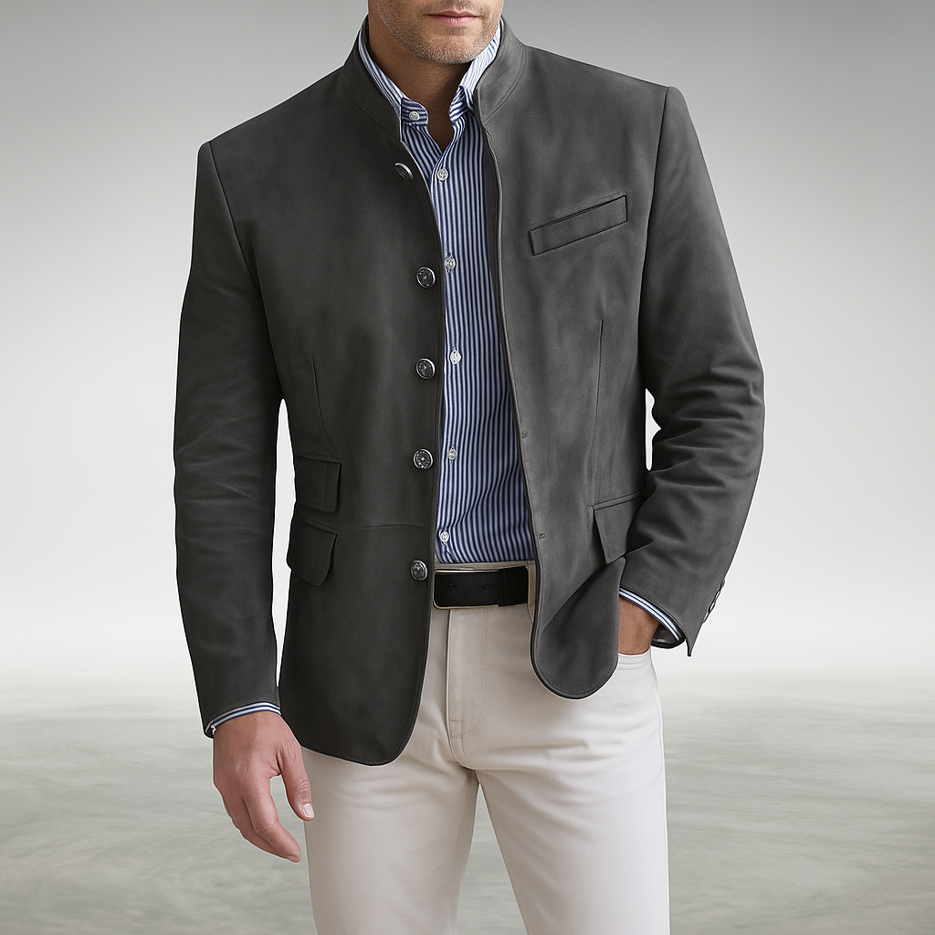 Men's Slim Fit Blazer with Stand-Up Collar and Button Closure
