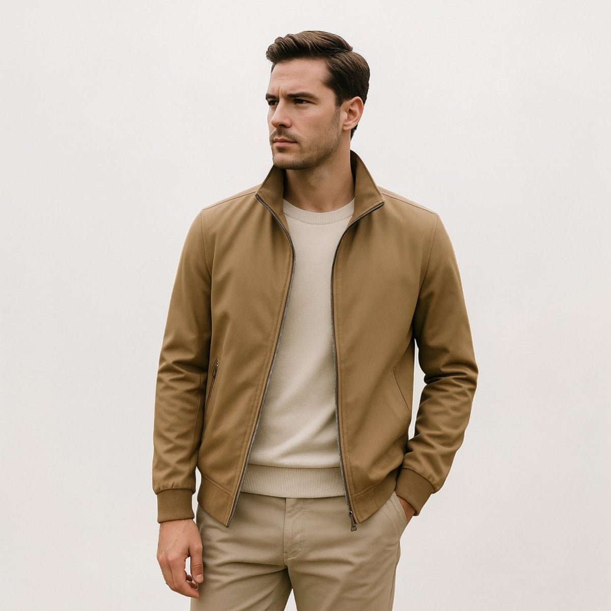 Men's Stand-Up Collar Bomber Jacket with Zip Closure