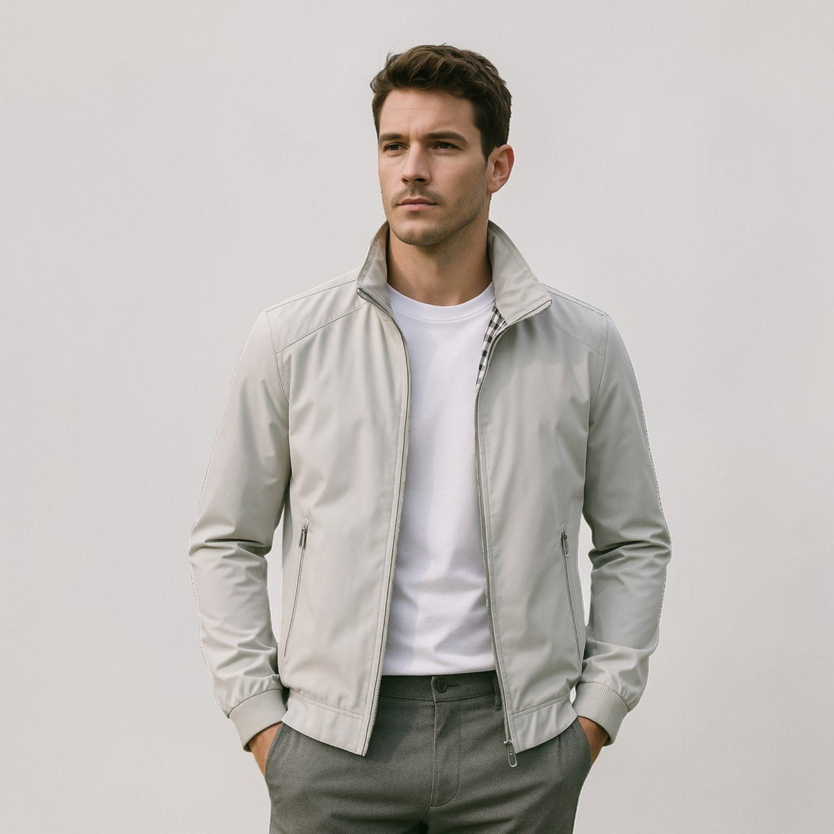 Men's Stand-Up Collar Bomber Jacket with Zip Closure