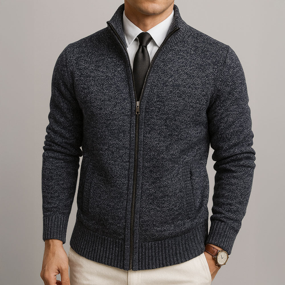 Men's Long Sleeve Cardigan with Stand-Up Collar and Zip Closure